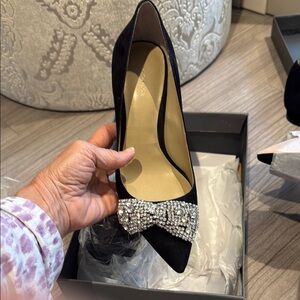 Elegant Black Suede Heels with Crystal Bow